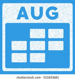 August Calendar Grid grainy textured icon for overlay watermark stamps. Flat symbol with scratched texture. Dotted vector white ink rubber seal stamp with grunge design on a blue background.