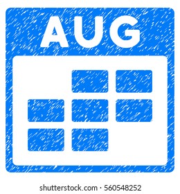 August Calendar Grid grainy textured icon for overlay watermark stamps. Flat symbol with dust texture. Dotted vector blue ink rubber seal stamp with grunge design on a white background.