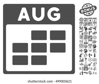 August Calendar Grid icon with bonus calendar and time management pictograms. Vector illustration style is flat iconic symbols, gray, white background.