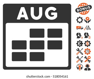 August Calendar Grid icon with bonus setup tools clip art. Vector illustration style is flat iconic symbols, orange and gray, white background.