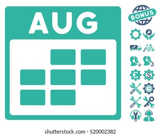 August Calendar Grid icon with bonus setup tools clip art. Vector illustration style is flat iconic symbols, cobalt and cyan, white background.