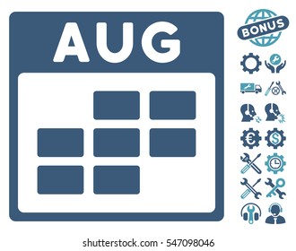 August Calendar Grid icon with bonus settings design elements. Vector illustration style is flat iconic symbols, cyan and blue, white background.