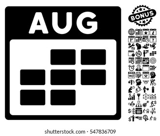August Calendar Grid icon with bonus calendar and time management design elements. Vector illustration style is flat iconic symbols, black, white background.