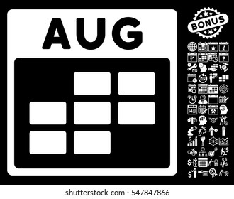 August Calendar Grid icon with bonus calendar and time management design elements. Vector illustration style is flat iconic symbols, white, black background.