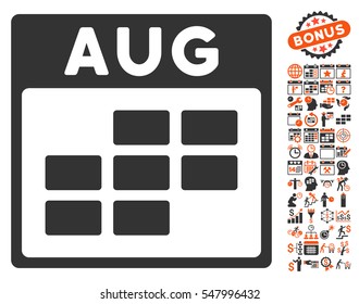 August Calendar Grid icon with bonus calendar and time management icon set. Vector illustration style is flat iconic symbols, orange and gray, white background.