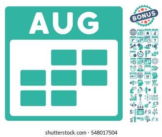 August Calendar Grid icon with bonus calendar and time management design elements. Vector illustration style is flat iconic symbols, cobalt and cyan, white background.