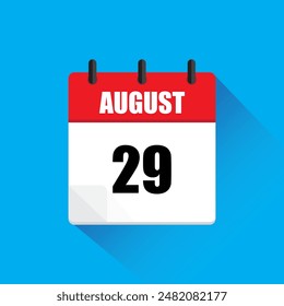 Icono de calendario de agosto. Fecha número veinte nueve. Diseño rojo y blanco. Sombra de fondo azul.