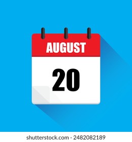 Icono de calendario de agosto. Fecha número veinte. Diseño rojo y blanco. Sombra de fondo azul.