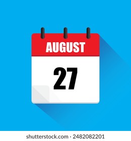 August calendar icon. Date number twenty seven. Red and white design. Blue background shadow.