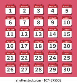 August calendar icons set on august color scheme background