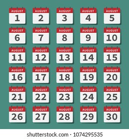 August calendar icons set on august color scheme background