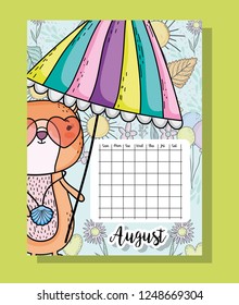 august calendar information with squirrel and flowers