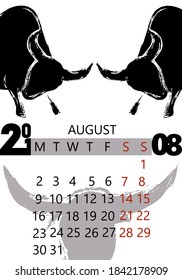 August Calendar Leaf with Bull silhouette images. Page of the month. Year of the Ox. Chinese astrology New Year. Zodiac. Vector 