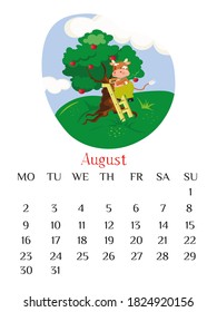 August calendar page 2021 with bull picking apples from the tree. Summer outdoor scene. Vector illustration and calendar grid.
