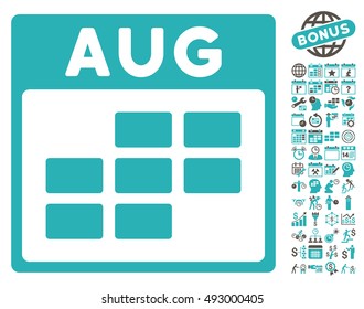 August Calendar Page icon with bonus calendar and time management symbols. Vector illustration style is flat iconic bicolor symbols, grey and cyan colors, white background.
