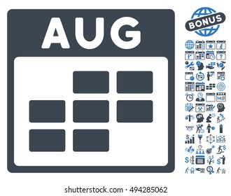 August Calendar Page icon with bonus calendar and time management pictograph collection. Vector illustration style is flat iconic bicolor symbols, smooth blue colors, white background.