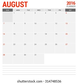 August Calendar Planner 2016 Vector Design Template. Week Starts Sunday. vector illustration