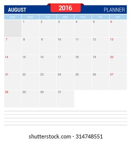 August  Calendar Planner 2016 Vector Design Template. Week Starts Sunday. vector illustration