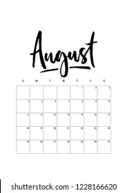 August. Calendar planner 2019, week starts on Sunday. Part of sets of 12 months. Wall desk calendar vector template print A4 size, simple black and white minimal design ink hand drawn lettering