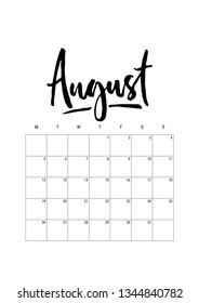 August. Calendar planner 2019, week starts on monday. Part of sets of 12 months. Wall desk calendar vector template print A4 size, simple black and white minimal design ink hand drawn lettering