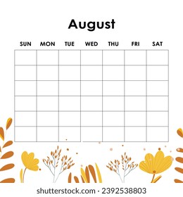 August. Calendar planner. Corporate week. Template layout, 12 months yearly, white background. Simple design for business brochure, flyer, print media, advertisement. Week starts from Monday.