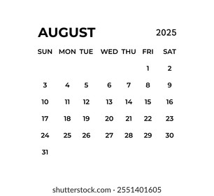 August calendar template for 2025 year. Wall calendar in a minimalist style.