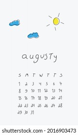 August Calendar. Thin line, simple design, single line. 2021.