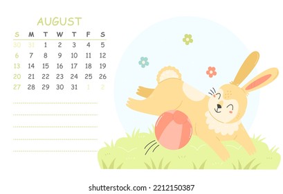 August children's calendar for 2023 with an illustration of a cute rabbit playing with a ball. 2023 is the year of the rabbit. Vector summer illustration calendar page.
