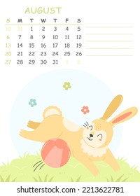 August children's vertical calendar for 2023 with an illustration of a cute rabbit playing with a ball. 2023 is the year of the rabbit. Vector summer illustration calendar page.