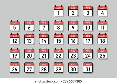 Calendario diario de agosto en un grupo, página de calendario de color rojo y blanco con contorno negro, conjunto de ilustración vectorial de fecha de calendario