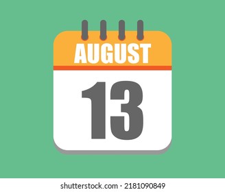 August day 13. Calendar icon for August. Vector illustration in orange and white on green background.
