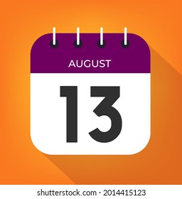 August day 13. Number thirteen on a white paper with purple color border on a orange background 