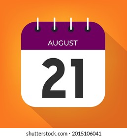 August Tag 21. Nummer 21 auf weißem Papier mit violettem Farbrahmen auf orangefarbenem Hintergrund