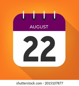 August day 22. Number twenty-two on a white paper with purple color border on a orange background