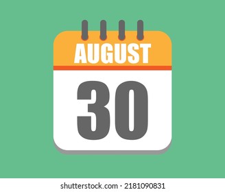 August day 30. Calendar icon for August. Vector illustration in orange and white on green background.