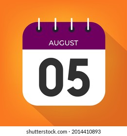 Día 5 de agosto. Número cinco en un libro blanco con borde de color púrpura sobre un fondo naranja 