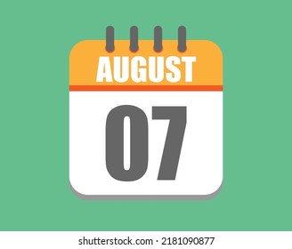 Día 7 de agosto. Icono de calendario para agosto. Ilustración vectorial en naranja y blanco sobre fondo verde.