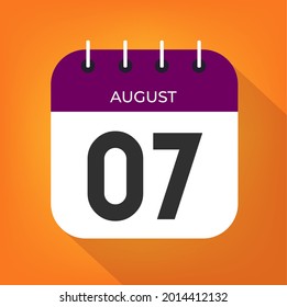 Día 7 de agosto. Número siete en un libro blanco con borde de color púrpura sobre un fondo naranja 