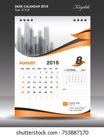 August Desk Calendar 2018 Template design flyer vector, business brochure layout, Size 6x8 inch vertical