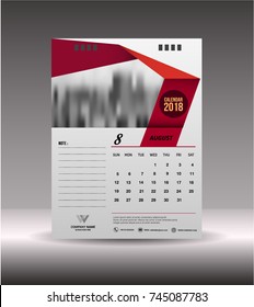 August Desk Calendar 2018 years .Week starts Monday. Vector design stationery template  illustration. Yearly calendar set of 12 months Printing layout artwork.