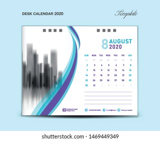 AUGUST, Desk Calendar 2020 template vector illustration, Week starts Sunday, planner, month artwork, printing media, Blue and purple concept