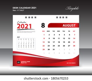 Plantilla de Calendario 2021 de August Desk, Semana comienza el domingo, Diseño de Stationery, vector de diseño de volante, diseño de ideas creativas de medios de impresión, fondo rojo