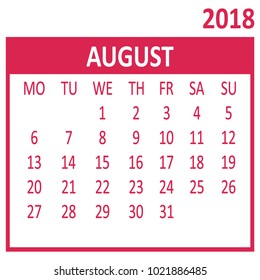 August. Eighth page of set. Calendar 2018, template. Week starts from Monday. Vector illustration