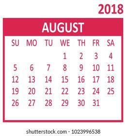 August. Eighth page of set. Calendar 2018, template. Week starts from Sunday. Vector illustration