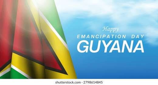 August is Emancipation Day Guyana. Guyana flag, cloud  and light. Great for posters, banners and social media. Blue background.