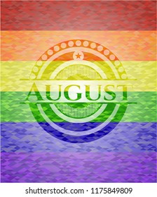 August emblem on mosaic background with the colors of the LGBT flag