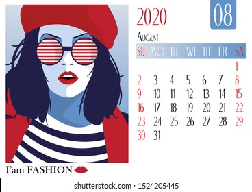 August. Сalendar with fashion girl in style Pop art.