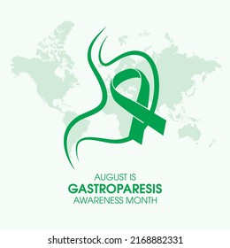 August is Gastroparesis Awareness Month vector. Green color awareness ribbon and world map silhouette icon vector. Important day