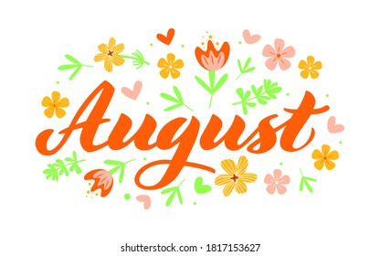 August - Hand drawn lettering month name. Handwritten month August for calendar, monthly logo, bullet journal or monthly organizer. Vector illustration isolated on white. EPS 10