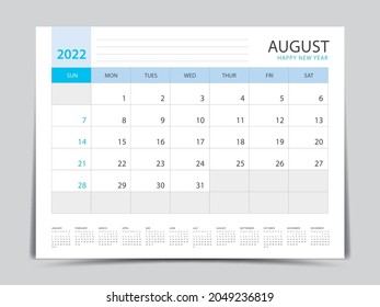 August layout design, calendar 2022 year template, Planner simple, Desk calendar 2022 design, Week Starts on Sunday, Wall calendar design, printing media, advertisement, office organizer, vector
